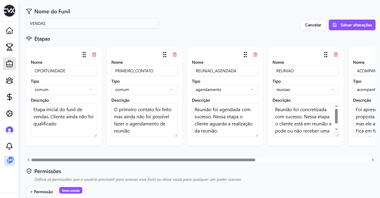Funis personalizados do ConVex CRM
